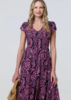 Izabel London Blue Paisley Cap Sleeve Lace Trim Maxi Dress