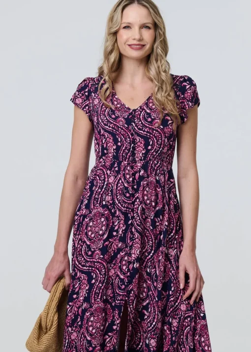Izabel London Blue Paisley Cap Sleeve Lace Trim Maxi Dress
