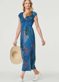 Izabel London Blue Peacock Print V-Neck Maxi Dress