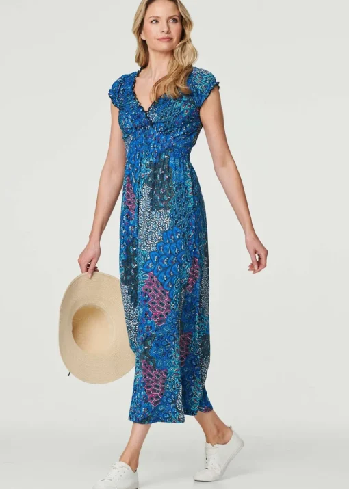 Izabel London Blue Peacock Print V-Neck Maxi Dress
