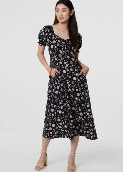 Izabel London Blue Polka Dot Print Tie Neck Midi Dress