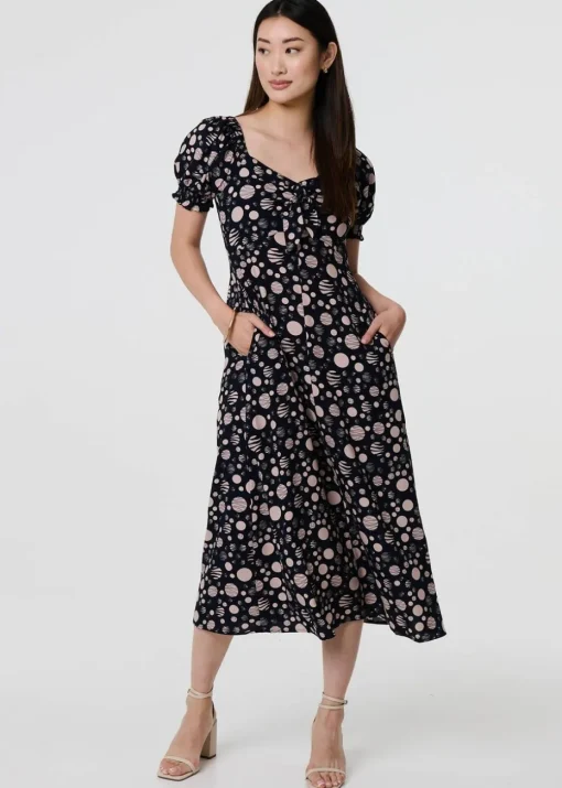 Izabel London Blue Polka Dot Print Tie Neck Midi Dress
