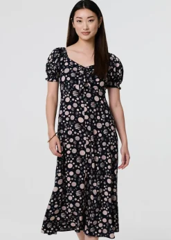 Izabel London Blue Polka Dot Print Tie Neck Midi Dress
