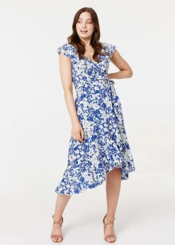 Izabel London Blue Printed Tie Waist Midi Wrap Dress