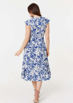 Izabel London Blue Printed Tie Waist Midi Wrap Dress