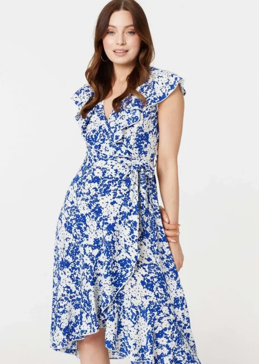 Izabel London Blue Printed Tie Waist Midi Wrap Dress