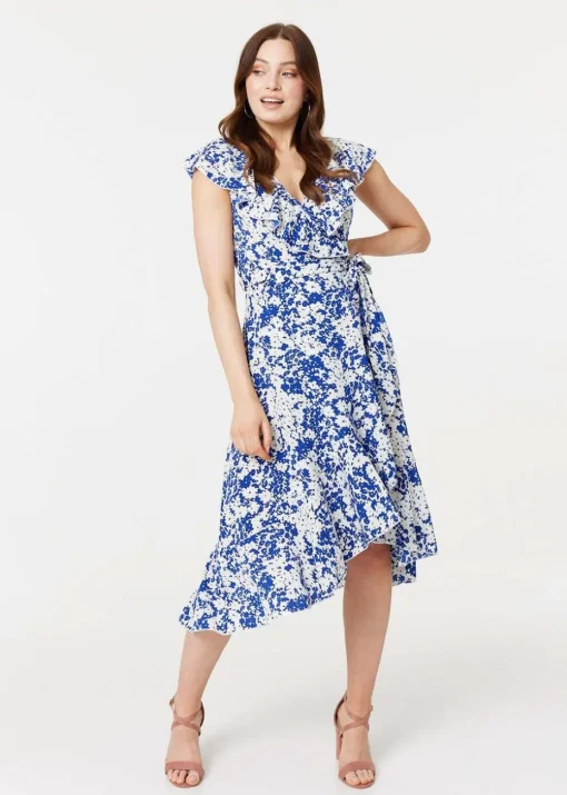 Izabel London Blue Printed Tie Waist Midi Wrap Dress