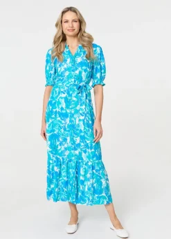 Izabel London Blue Printed 1/2 Puff Sleeve Tie Waist Maxi Dress