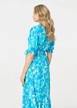 Izabel London Blue Printed 1/2 Puff Sleeve Tie Waist Maxi Dress
