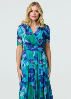 Izabel London Blue Printed Short Sleeve Pleated Wrap Midi Dress