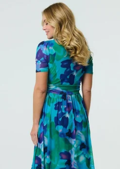 Izabel London Blue Printed Short Sleeve Pleated Wrap Midi Dress