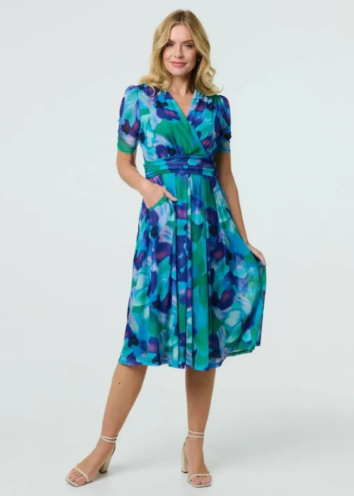 Izabel London Blue Printed Short Sleeve Pleated Wrap Midi Dress