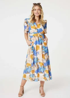 Izabel London Blue Printed 1/2 Sleeve Belted Midi Dress