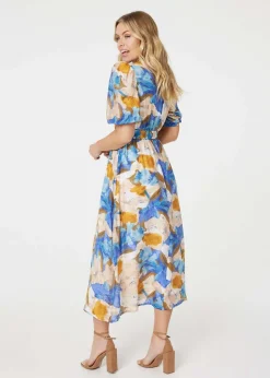 Izabel London Blue Printed 1/2 Sleeve Belted Midi Dress