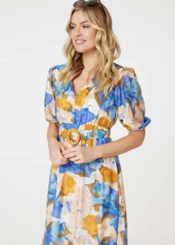 Izabel London Blue Printed 1/2 Sleeve Belted Midi Dress