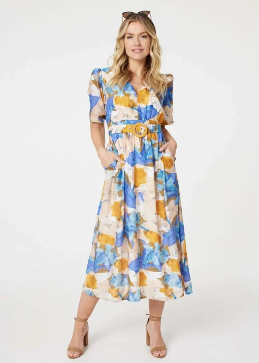 Izabel London Blue Printed 1/2 Sleeve Belted Midi Dress