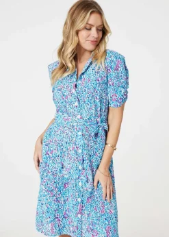 Izabel London Blue Printed Tie Waist Short Shirt Dress
