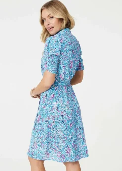Izabel London Blue Printed Tie Waist Short Shirt Dress