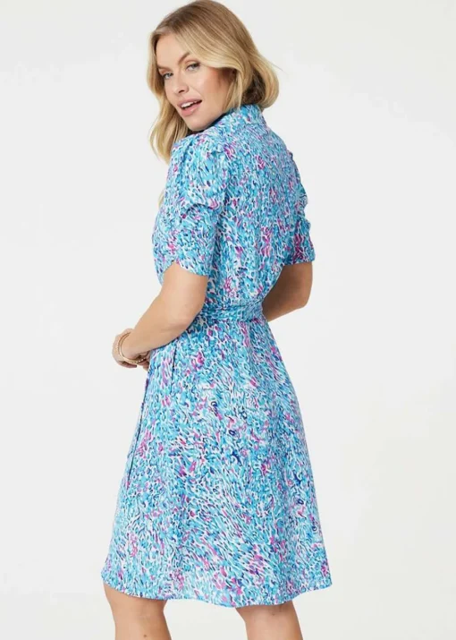 Izabel London Blue Printed Tie Waist Short Shirt Dress