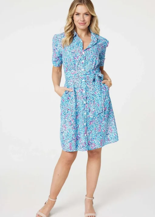 Izabel London Blue Printed Tie Waist Short Shirt Dress