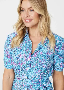 Izabel London Blue Printed Tie Waist Short Shirt Dress