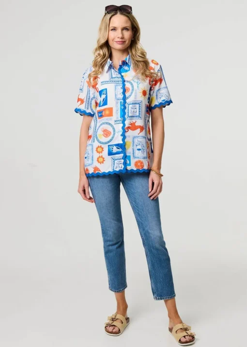 Izabel London Blue Printed Contrast Trim Relaxed Shirt