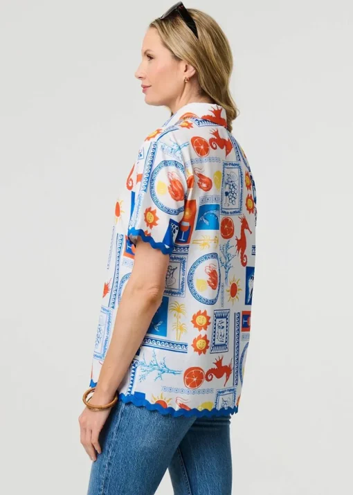Izabel London Blue Printed Contrast Trim Relaxed Shirt