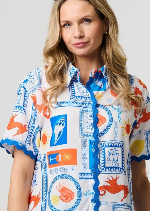 Izabel London Blue Printed Contrast Trim Relaxed Shirt