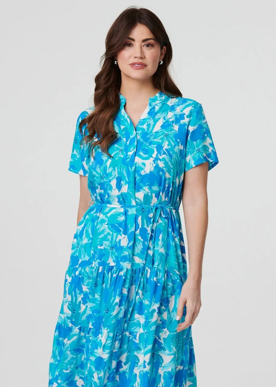 Izabel London Blue Printed Short Sleeve Tie Waist Midi Dress