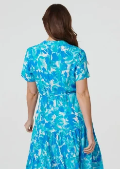 Izabel London Blue Printed Short Sleeve Tie Waist Midi Dress