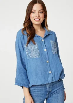Izabel London Blue Sequin Detail 3/4 Turn-Up Sleeve Shirt