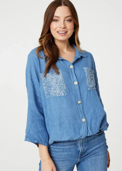 Izabel London Blue Sequin Detail 3/4 Turn-Up Sleeve Shirt