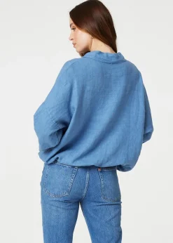 Izabel London Blue Sequin Detail 3/4 Turn-Up Sleeve Shirt