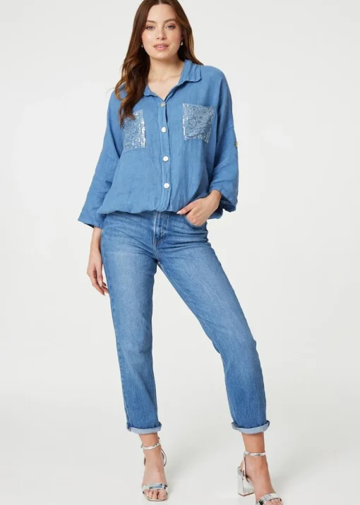 Izabel London Blue Sequin Detail 3/4 Turn-Up Sleeve Shirt