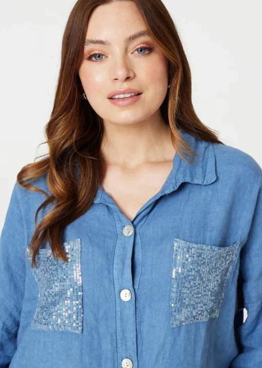 Izabel London Blue Sequin Detail 3/4 Turn-Up Sleeve Shirt