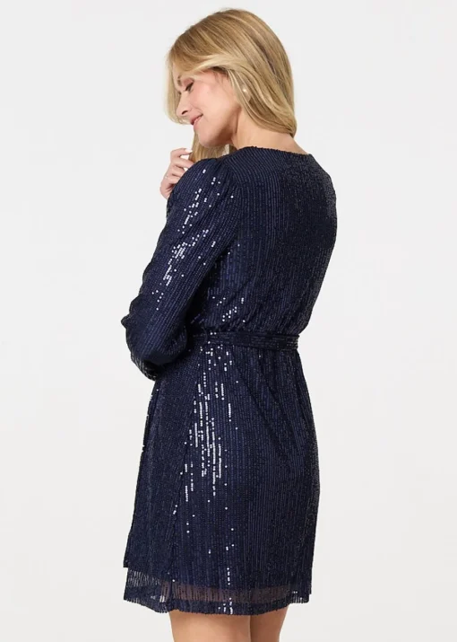 Izabel London Blue Sparkly Sequin Long Sleeve Mini Wrap Dress