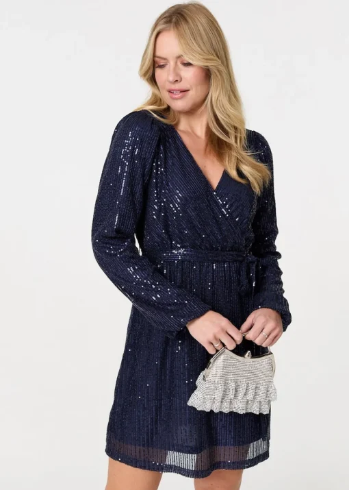 Izabel London Blue Sparkly Sequin Long Sleeve Mini Wrap Dress