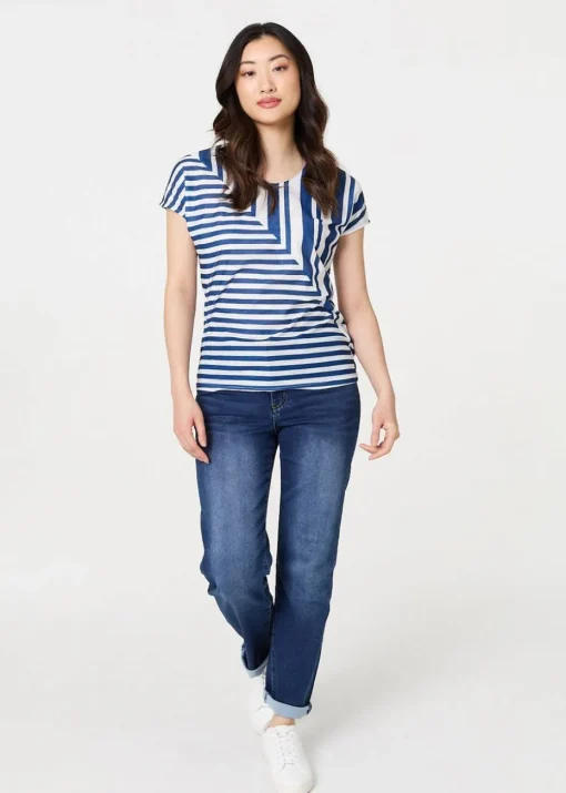 Izabel London Blue Striped Short Sleeve Relaxed T-Shirt