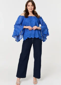 Izabel London Blue Textured Semi Sheer Bardot Blouse
