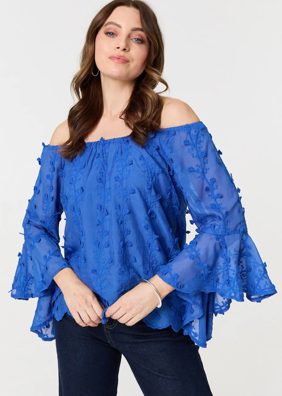Izabel London Blue Textured Semi Sheer Bardot Blouse