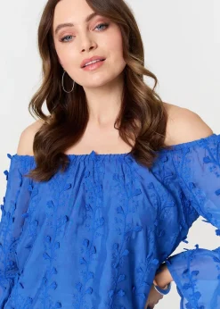 Izabel London Blue Textured Semi Sheer Bardot Blouse