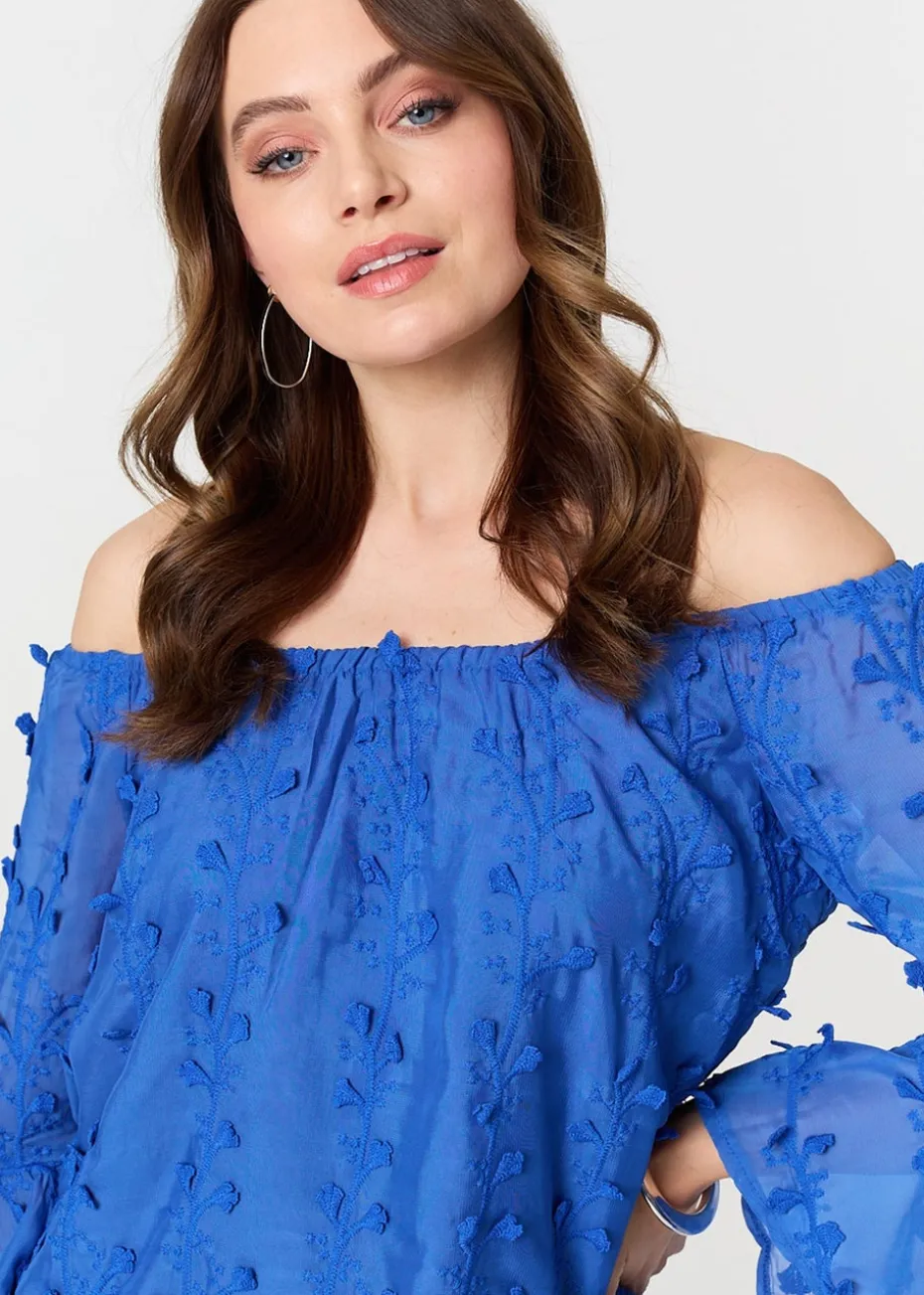 Izabel London Blue Textured Semi Sheer Bardot Blouse