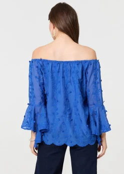 Izabel London Blue Textured Semi Sheer Bardot Blouse