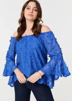 Izabel London Blue Textured Semi Sheer Bardot Blouse