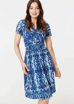 Izabel London Blue Tie Dye Faux Wrap Short Dress