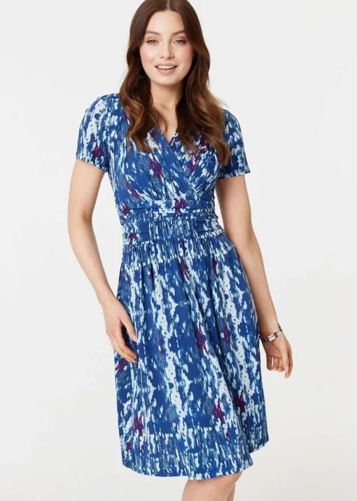 Izabel London Blue Tie Dye Faux Wrap Short Dress