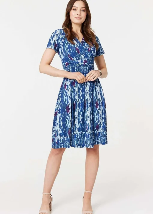 Izabel London Blue Tie Dye Faux Wrap Short Dress