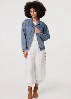 Izabel London Blue Zig Zag Stitch Long Sleeve Denim Jacket