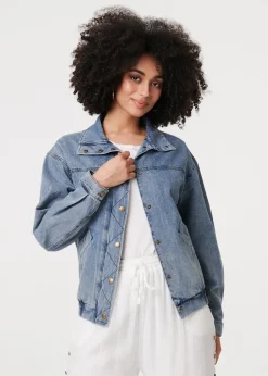 Izabel London Blue Zig Zag Stitch Long Sleeve Denim Jacket