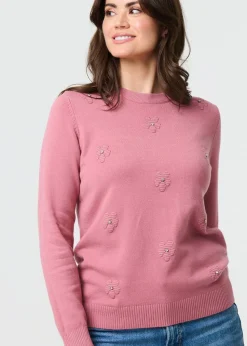 Izabel London Blush Floral Gemstone Embellished Jumper